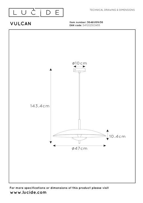 Lucide VULCAN - Suspension - Ø 47 cm - LED Dim. - 1x9W 3000K - Noir - technique